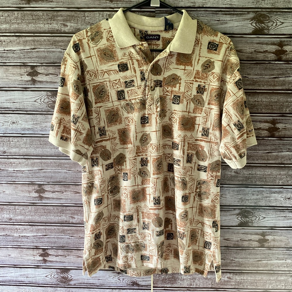 GANT Men's Short-Sleeved Polo Shirt Size M Beige Leaf Print Logo Slits